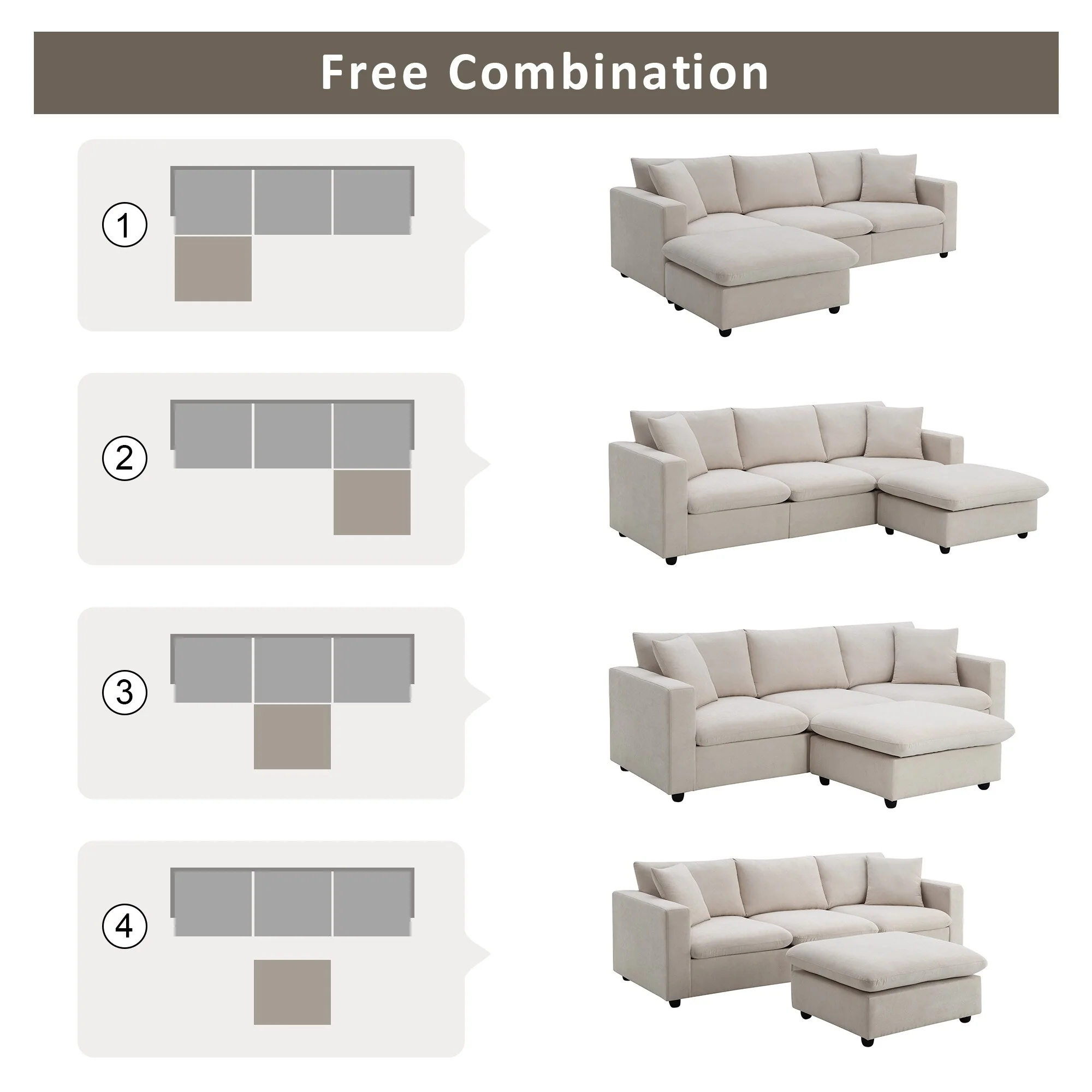100.4'' Polyester L-Shaped 4-Seat Sectional Sofa Couch with Convertible Ottoman and 2 Pillows, Contemporary Design