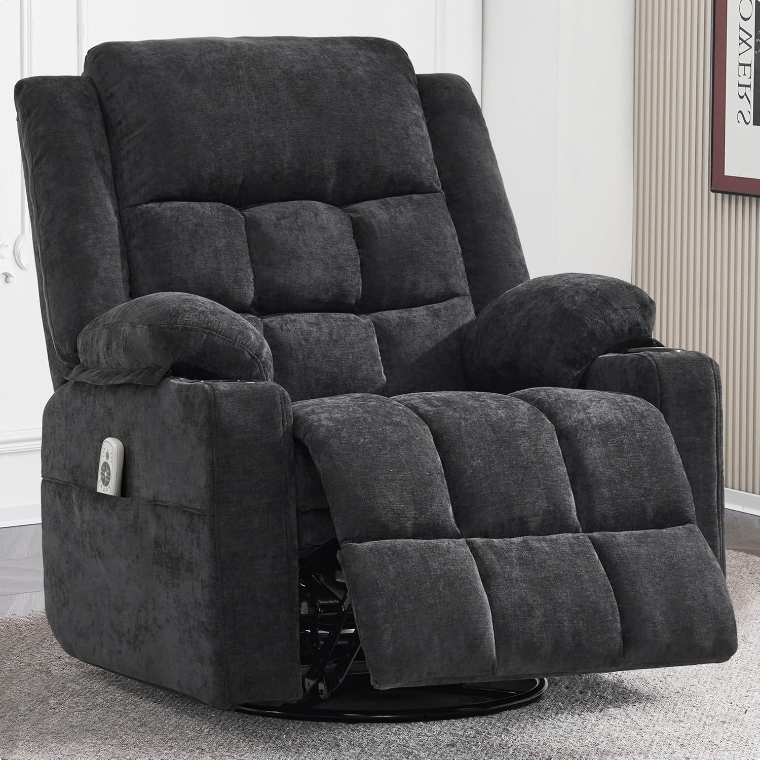 Power Swivel Rocker Recliner Chair for Adults with Massage and Heat, USB and Type-C Ports, Infinite Position, Electric Glider Reclining Single Sofa Chair for Living Room(Black)