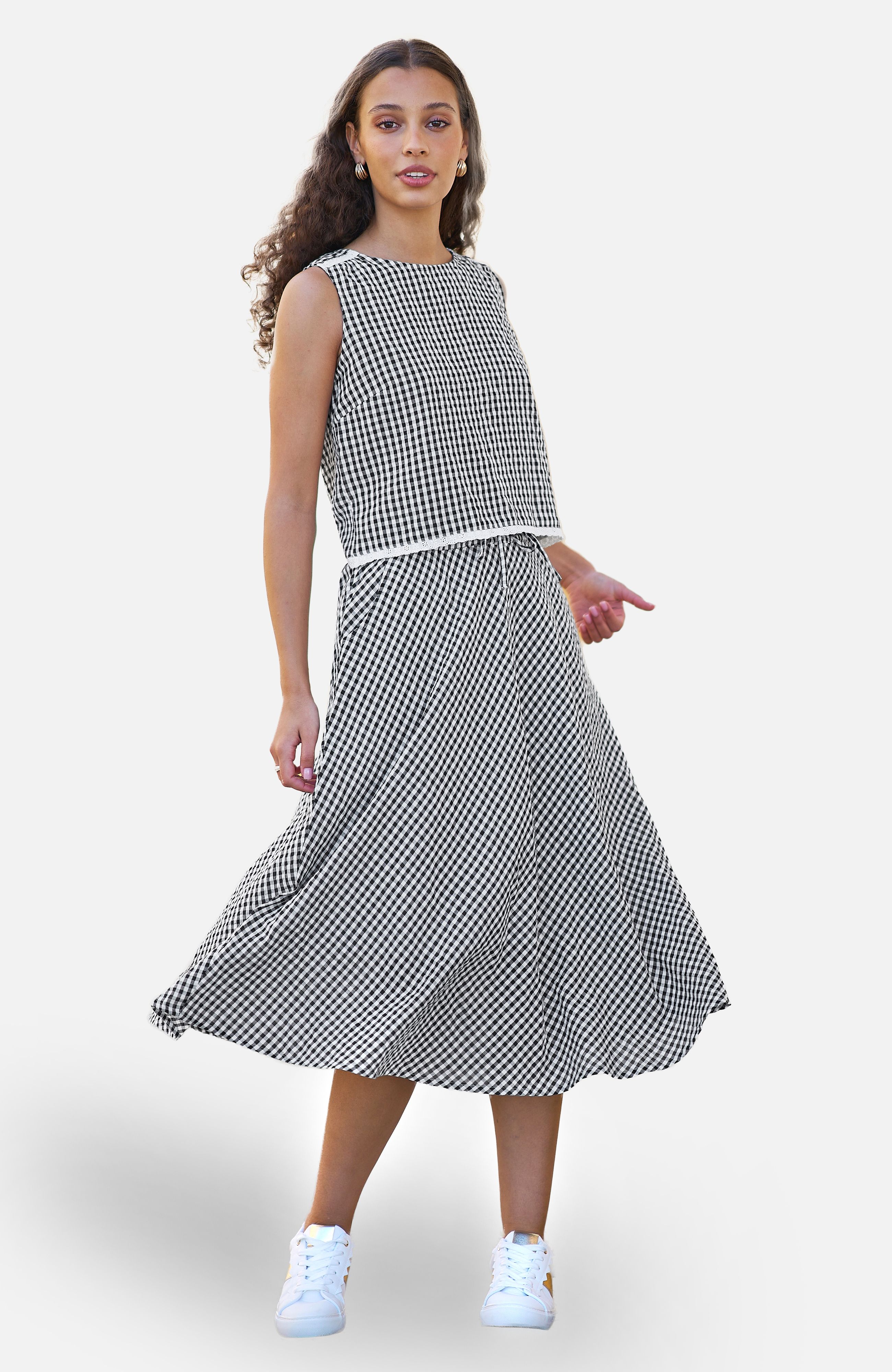 Yumi Black Gingham Cotton Midi Skirt