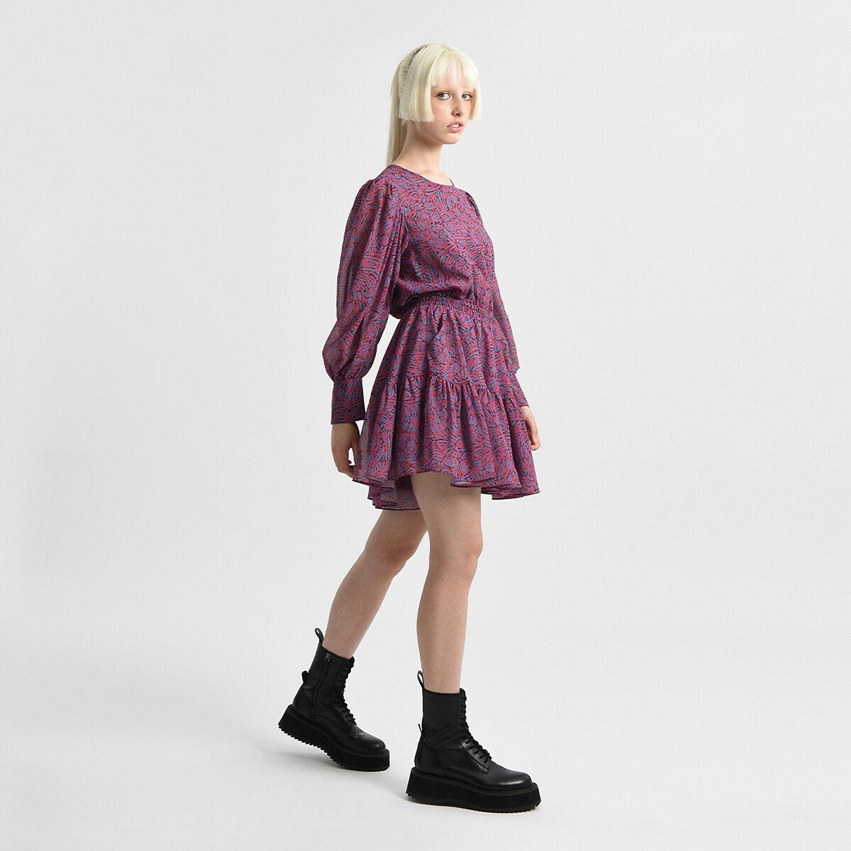 Robe courte imprimée manches bouffantes