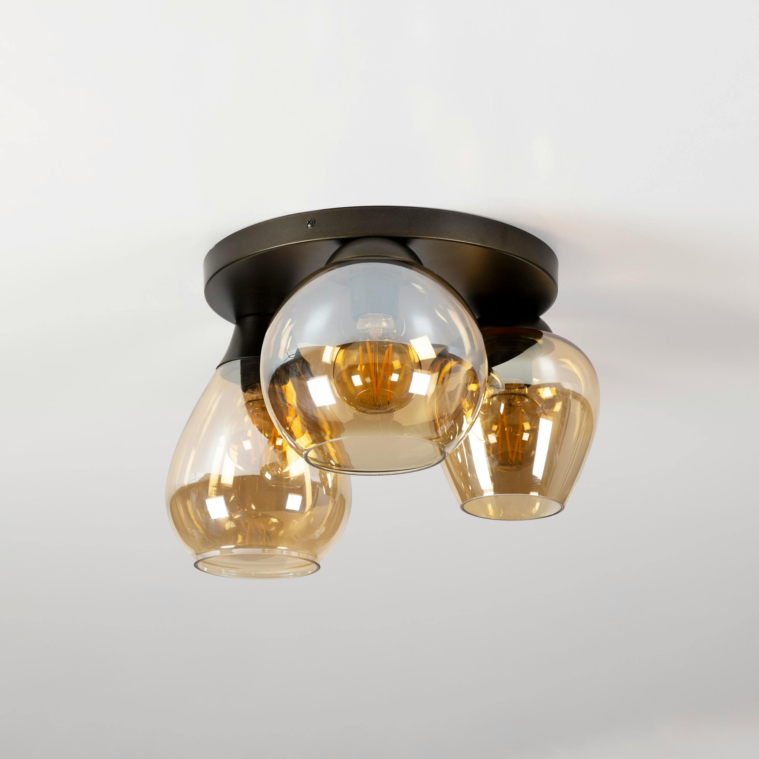 Plafonnier verre ambré métal bronze 3 lampes NOVA