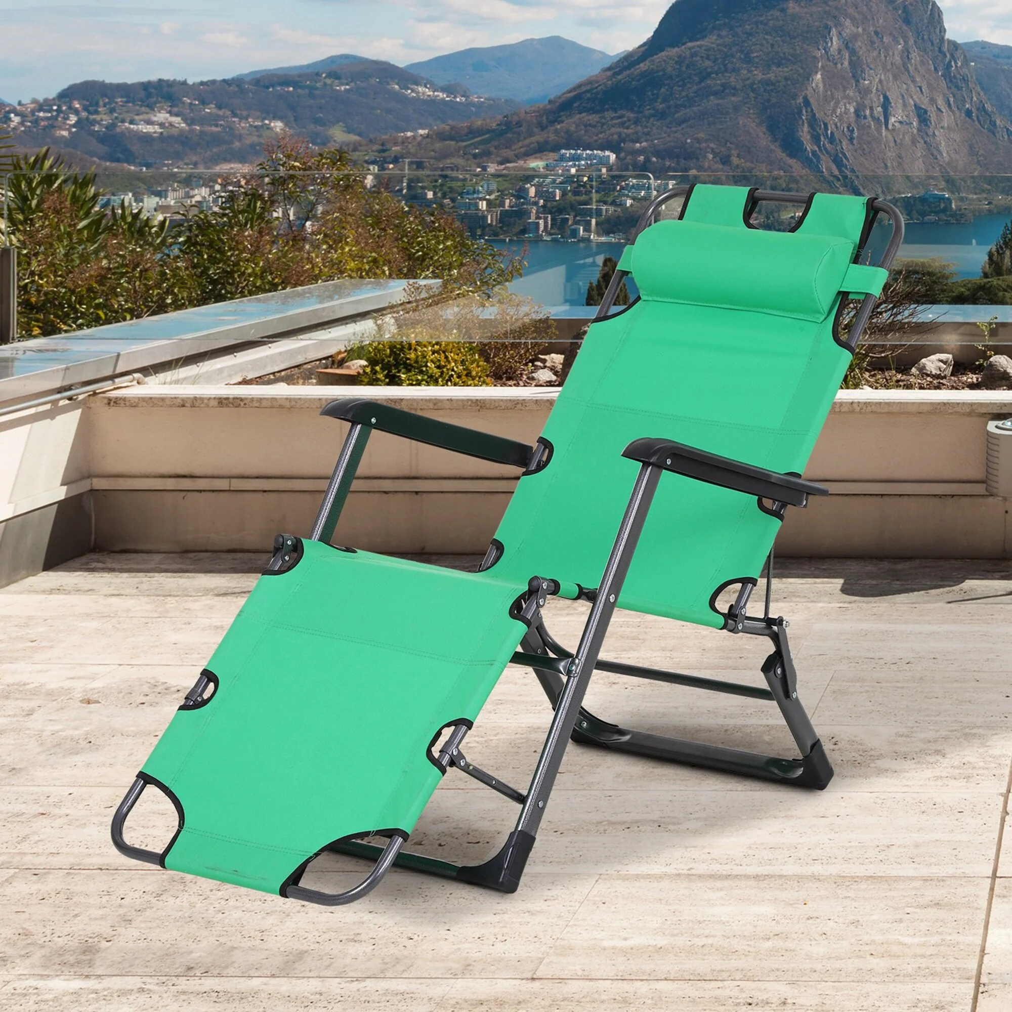 2-in-1 Foldable Sun Lounger Camping Chair with Adjustable Backrest, Headrest and Pocket for Poolside Patio
