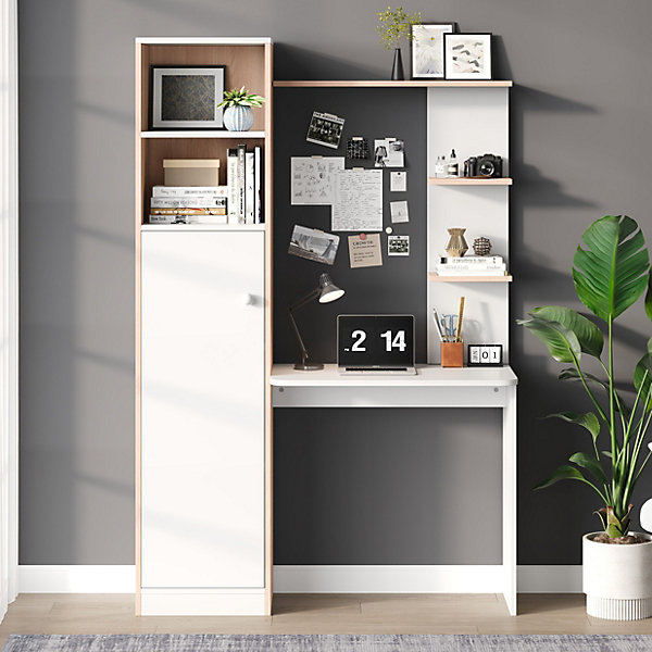 Bureau avec Rangements - Bureau étagère avec Armoire et Portes, Bibliothèque Intégrée en MDF, 123,5x45x168,5 cm - Blanc Bois