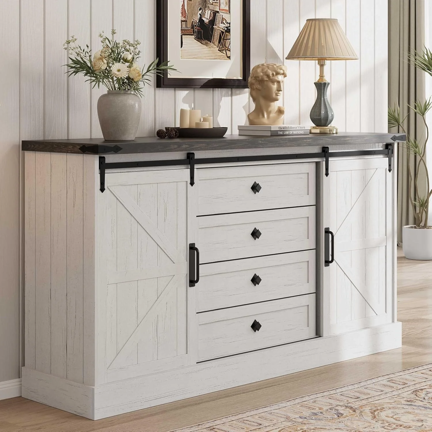 Farmhouse 4 Drawer Dresser for Bedroom, 59 Wood Dressers with Sliding Barn Doors
