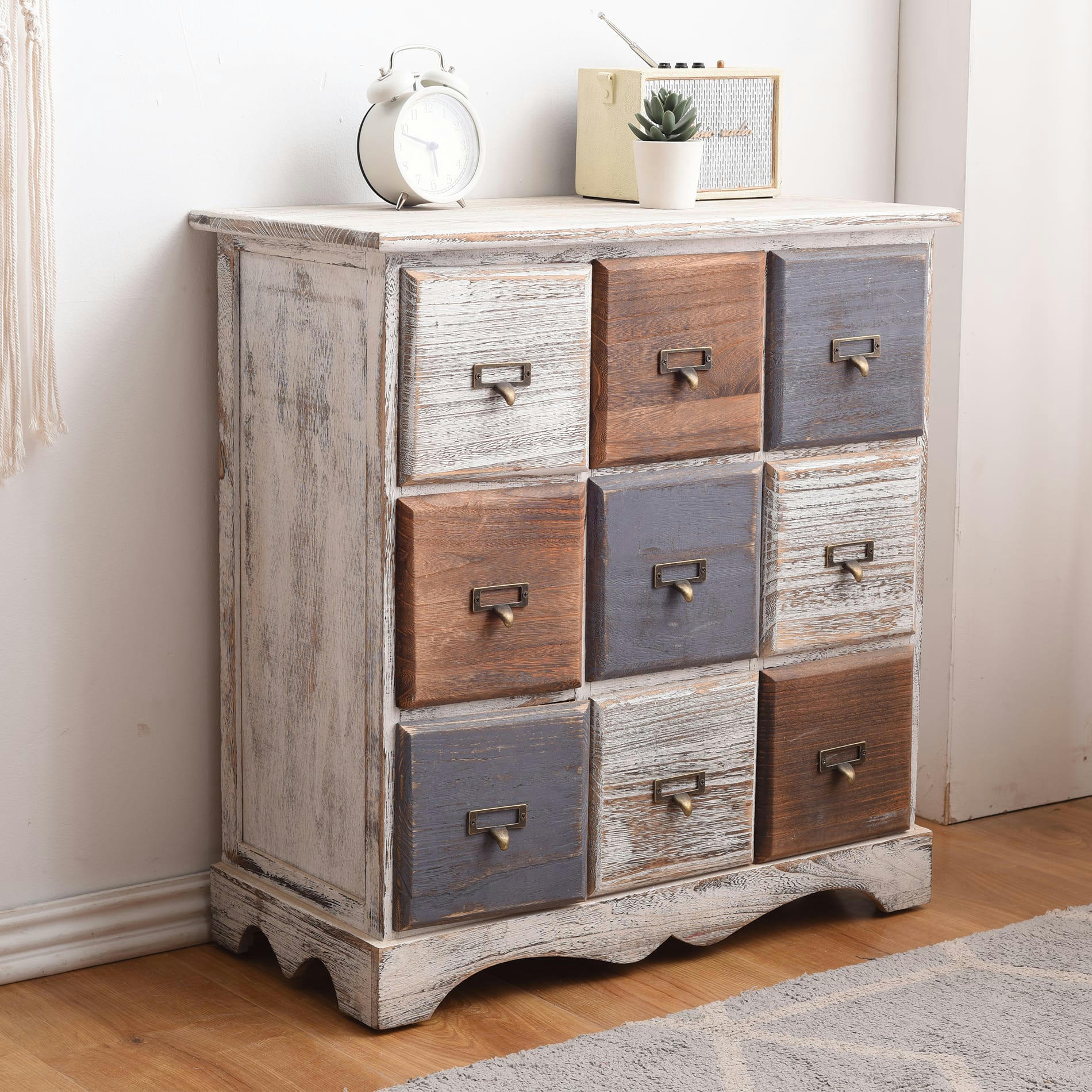 - Commode effet vieilli  avec 9 tiroirs en bois blanc brun et gris