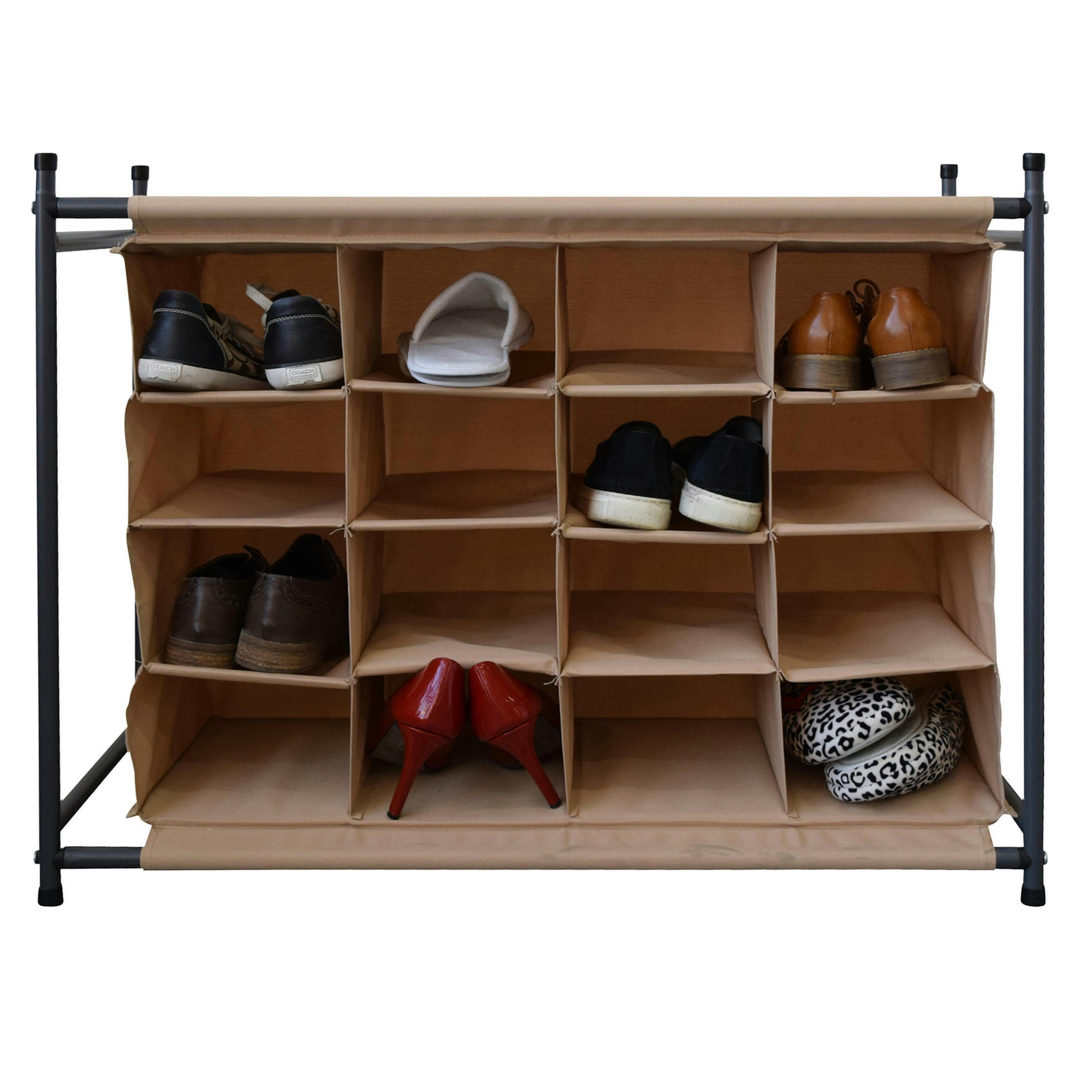 EASY LIFE - Meuble à chaussures 16 vide-poches en métal et tissu beige