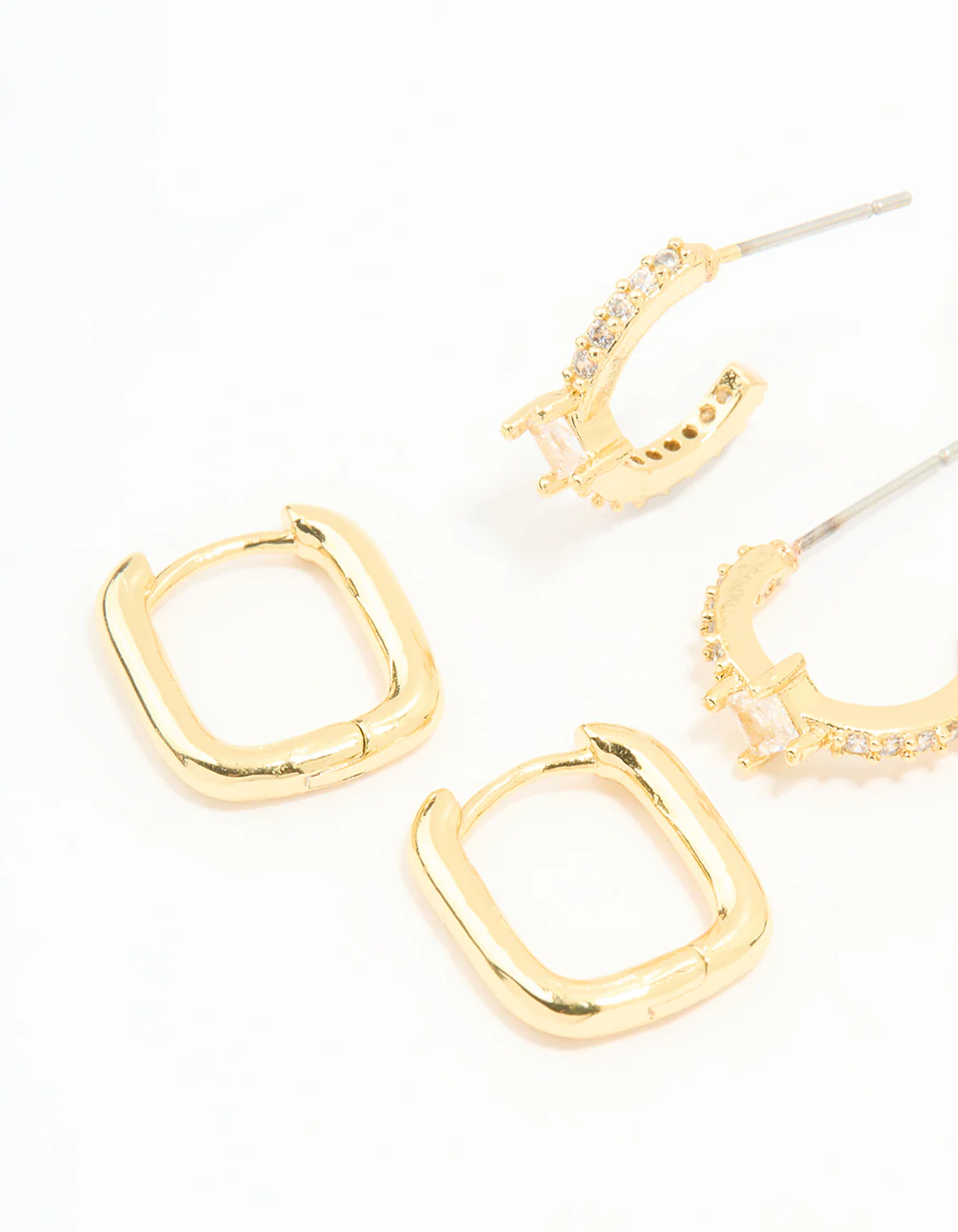 Gold Plated Brass Cubic Zirconia & Plain Rectangle Earrings 4-Pack