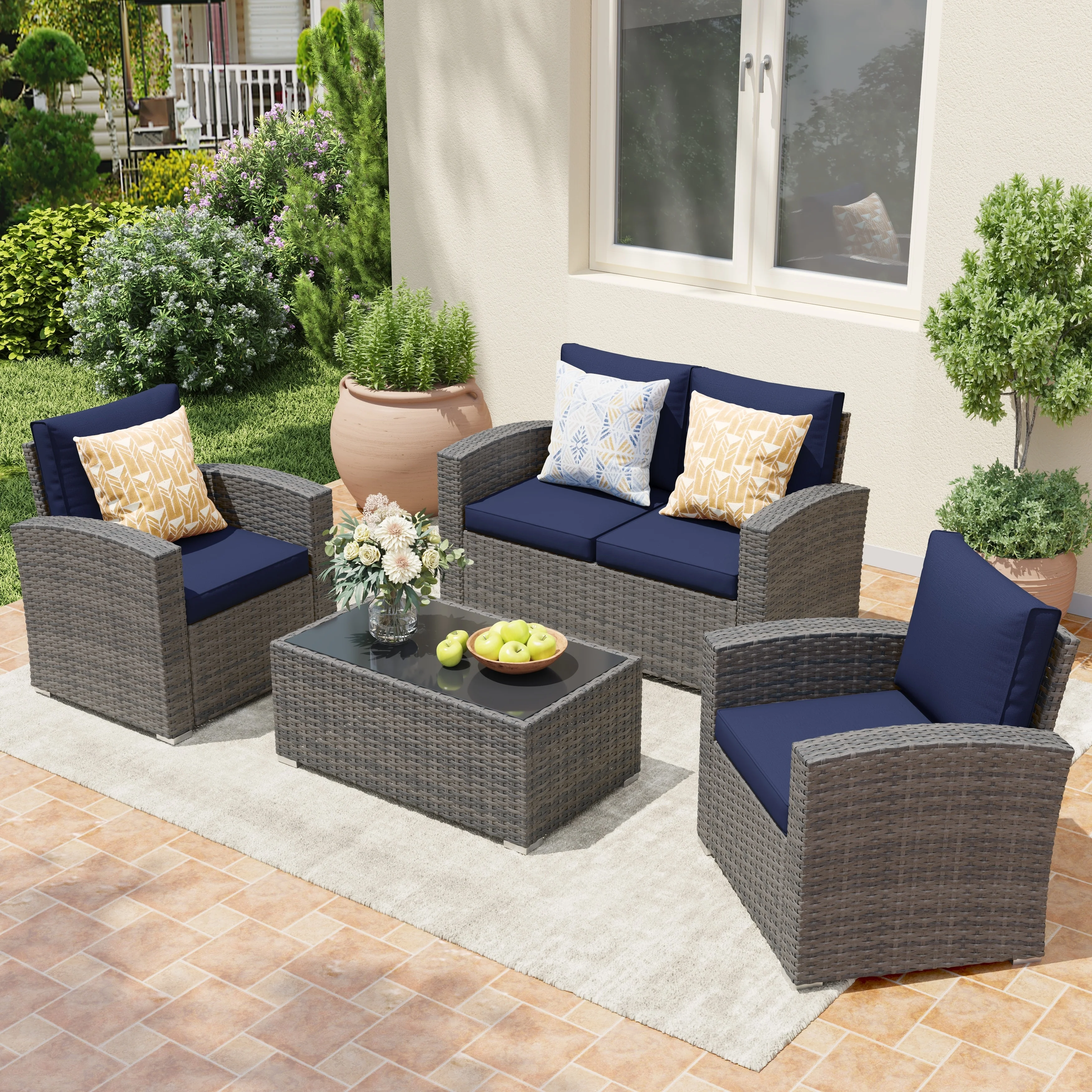 4 Person Patio Rattan Conversation Set with Grey Cushions Outdoor Tempered Glass Table