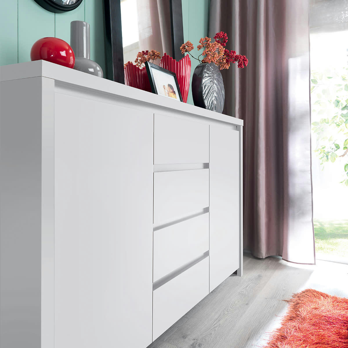 - Buffet 2 portes 4 tiroirs blanc