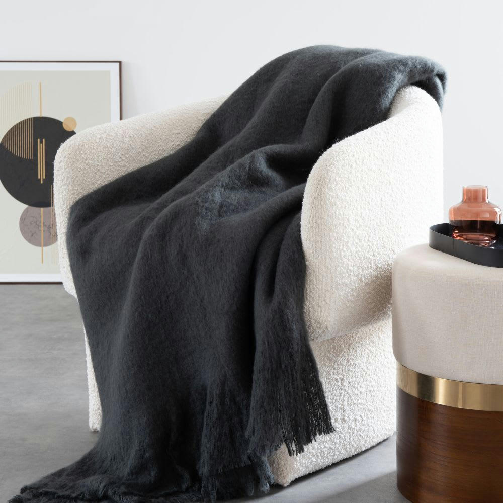 LIZEA - Plaid gratté gris anthracite à franges 150x200