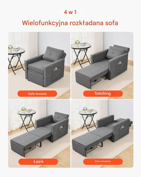 Sofa rozkładana 1-osobowa szara z pojemnikiem i regulowanym oparciem