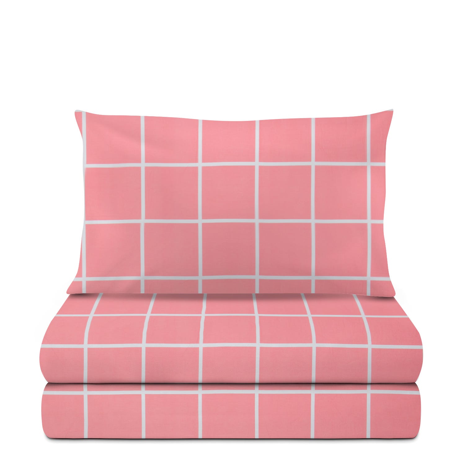 Completo letto 1 piazza e mezza policotone quadrotti rosa
