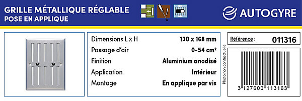 Grille d'aération alu Autogyre à persiennes sans moustiquaire réglable 168 x 130 mm