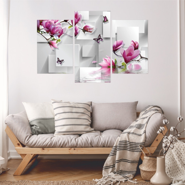 Obraz Tryptyk KWIATY Magnolie Motyle Dekor 60x40cm