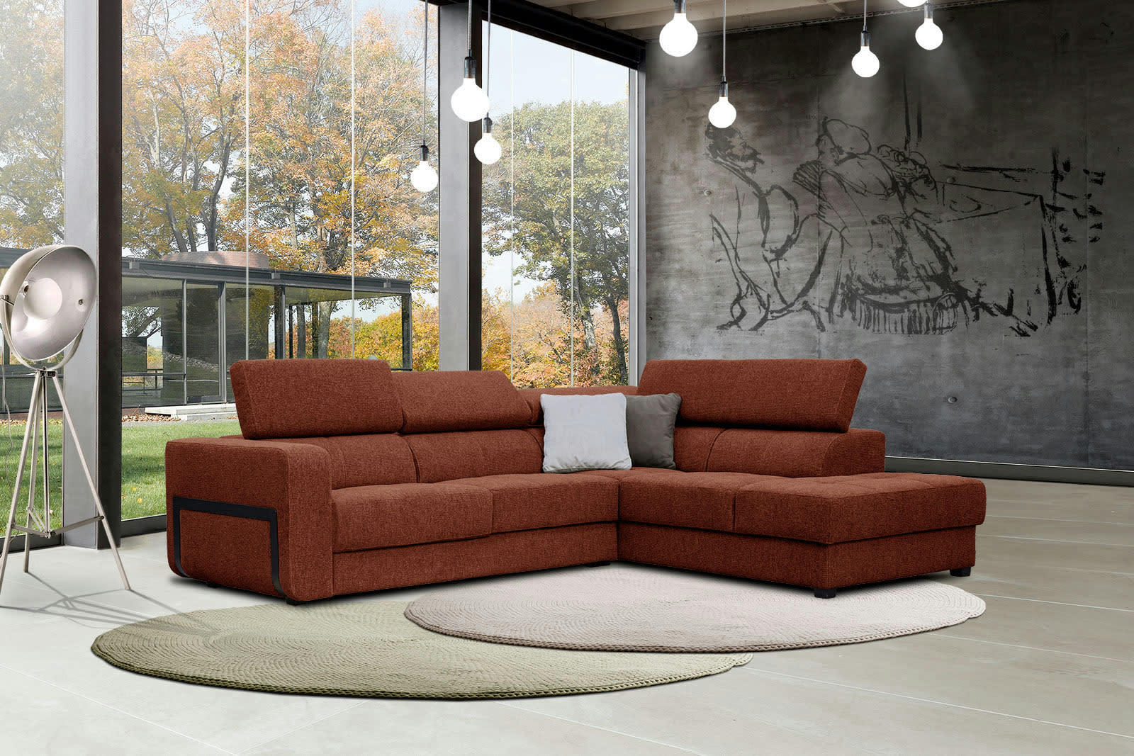 BERGO - Canapé d'angle droit 5 places en tissu brique avec coussins déco