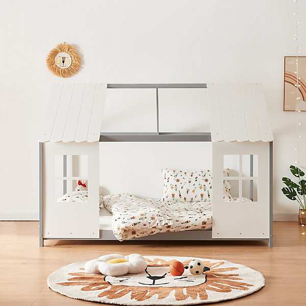 Lit cabane Tostedt pour enfant forme maison bois de pin 120 x 200 cm gris blanc en.casa