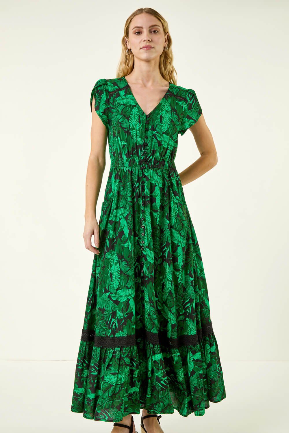 Roman Tropical Leaf Print V-Neck Midi Dress