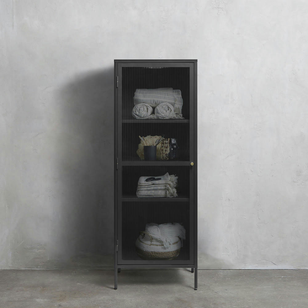 BJORN - Colonne de rangement 1 porte en verre strié et métal H160cm noir