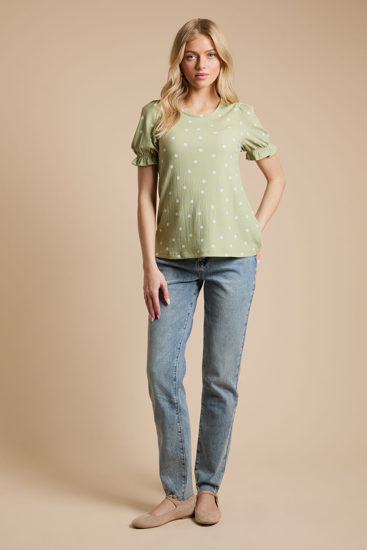 Dorothy Perkins Green Spot Printed Jersey Puff Sleeve T Shirt