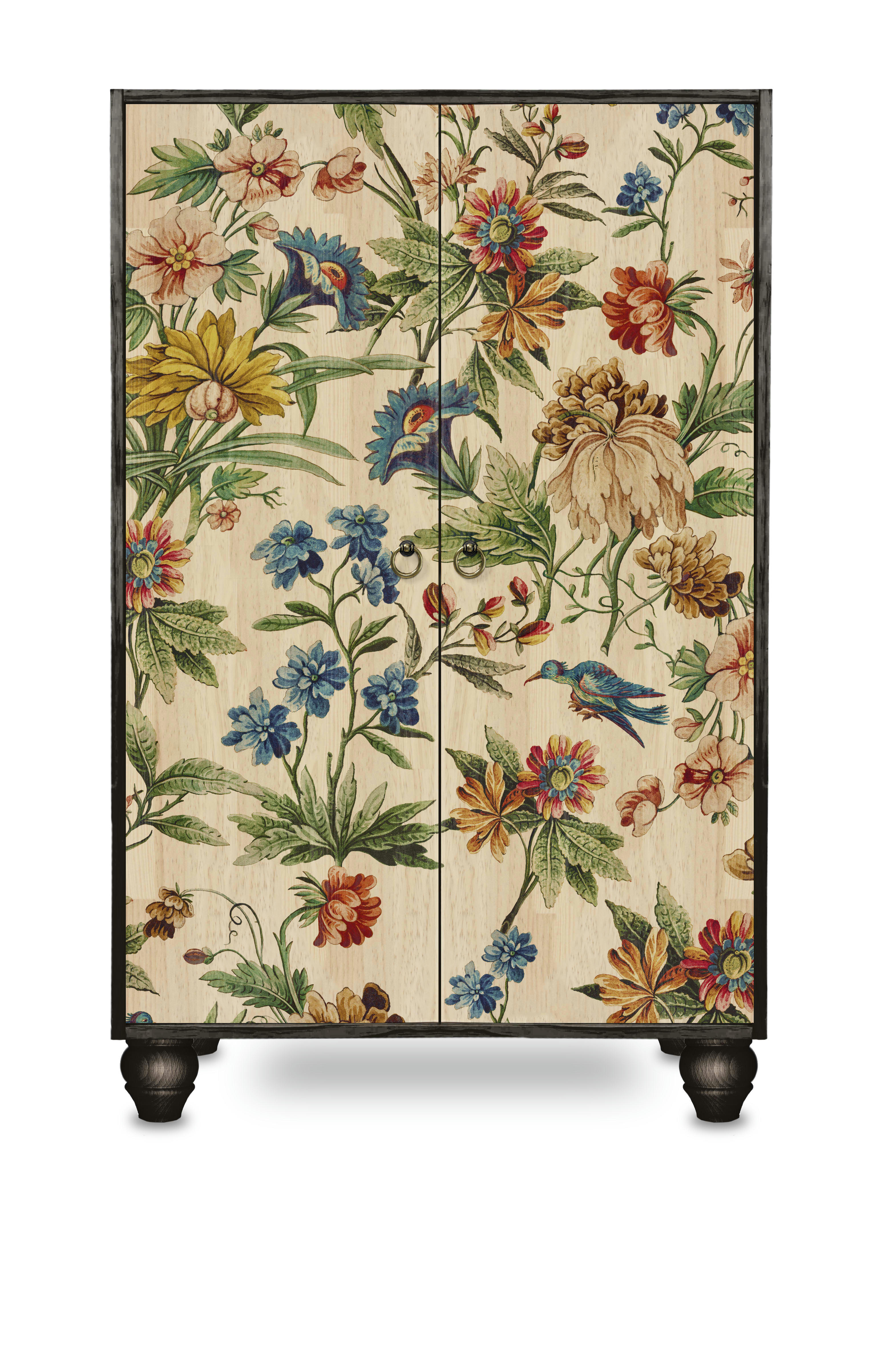 AMAZONIA - Buffet armoire en pin massif imprimé floral sur fond noir.