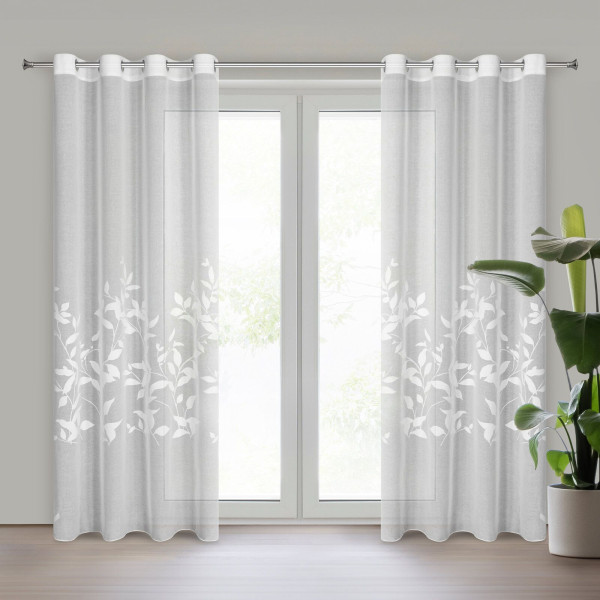 Firana ESTELLA 140x250 cm biała z roślinnym motywem przelotki