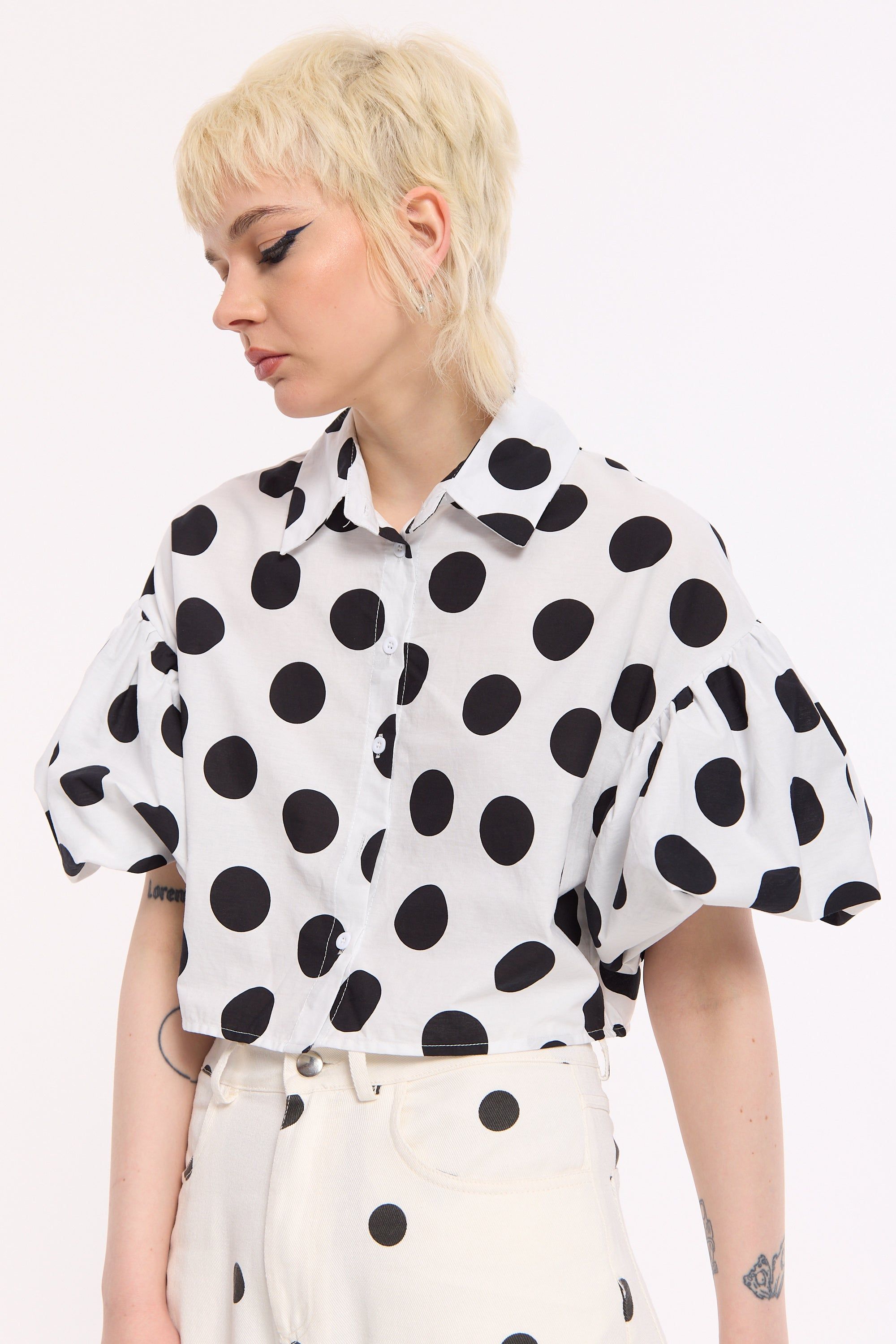 House of Holland Polka Dot Puff Sleeve Crop Shirt