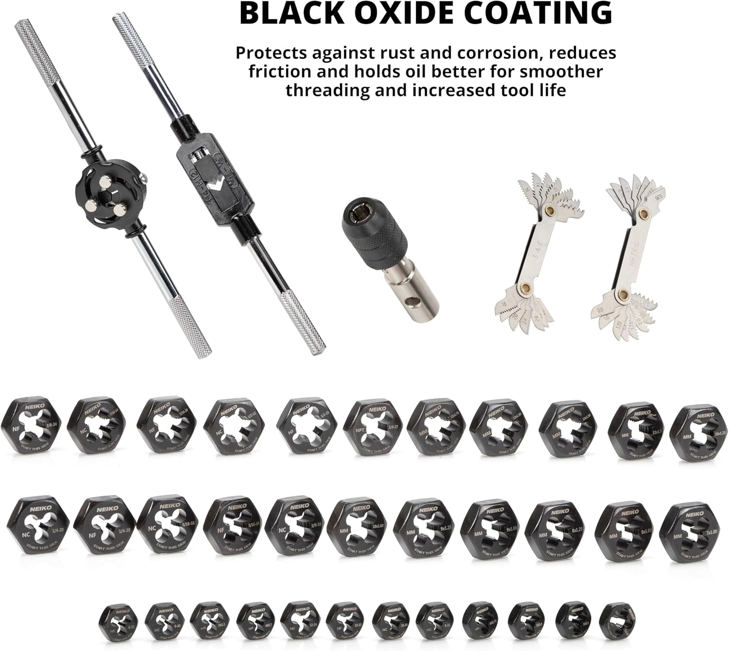 NEIKO Tap and Die Set, 76 Piece, Metric and Standard, Rethreading, Cutting, Repairing Threading Tool for External & Internal Thread Tap Set, SAE & MM, Hex Die, UNC, UNF, AND NPT Threads, Complete Kit