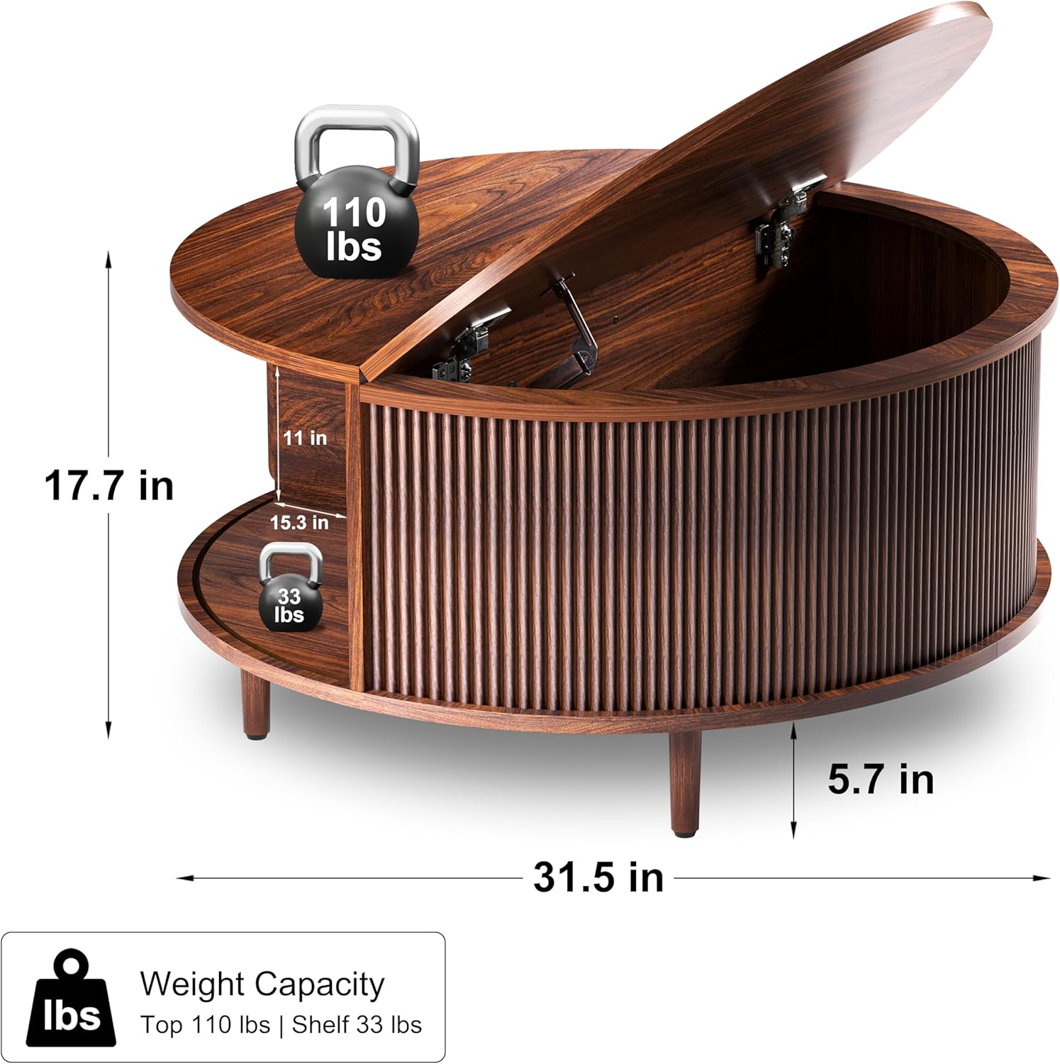 Round Coffee Table, 31.5 Fluted Center Table with Storage, Lift-Top Coffee Table with Adjustable Footpads, Sliding Door, Mid-Century Modern Center Table for Living Room, Small Space (Warm Walnut)
