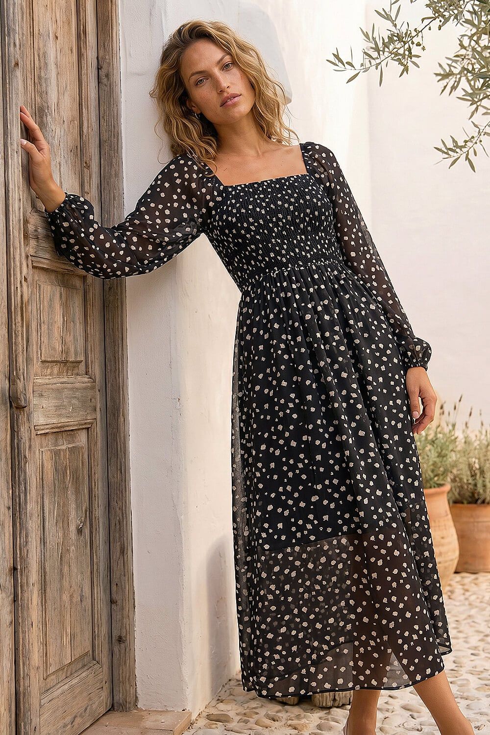 Roman Abstract Polka Dot Shirred Midi Dress