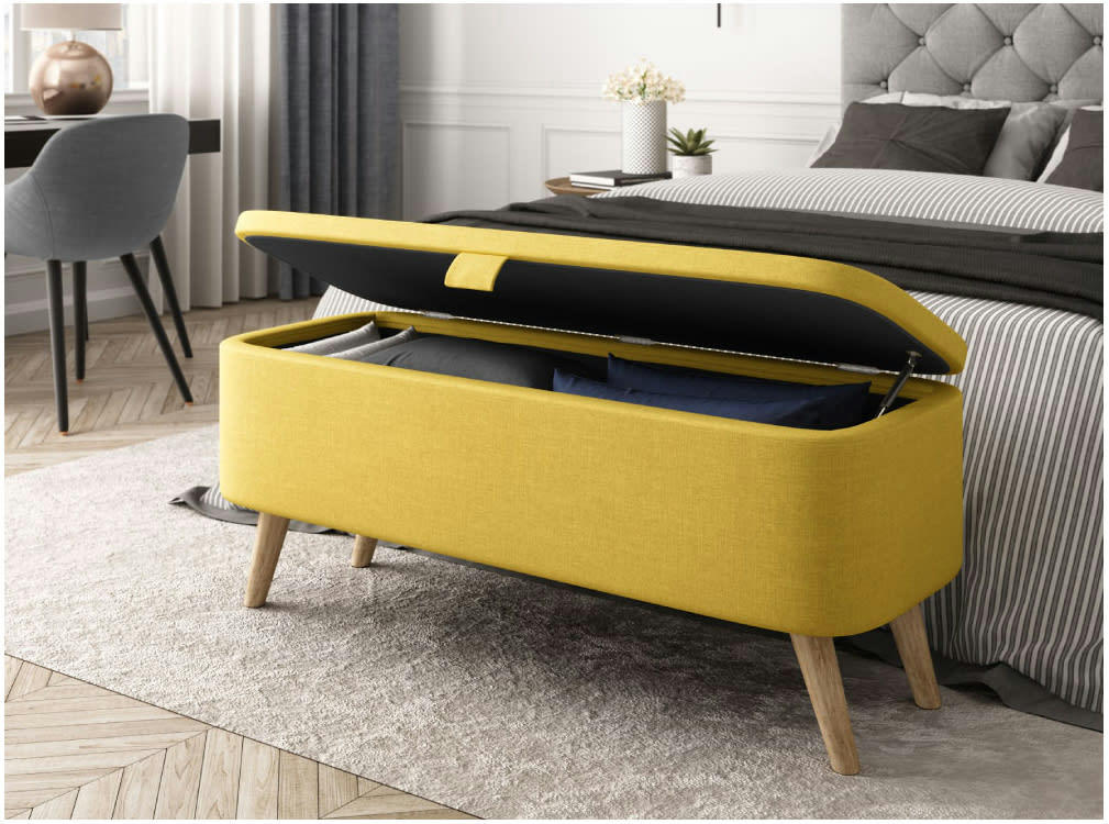 POLY - Bout de lit avec coffre de rangement et pieds en bois - Jaune