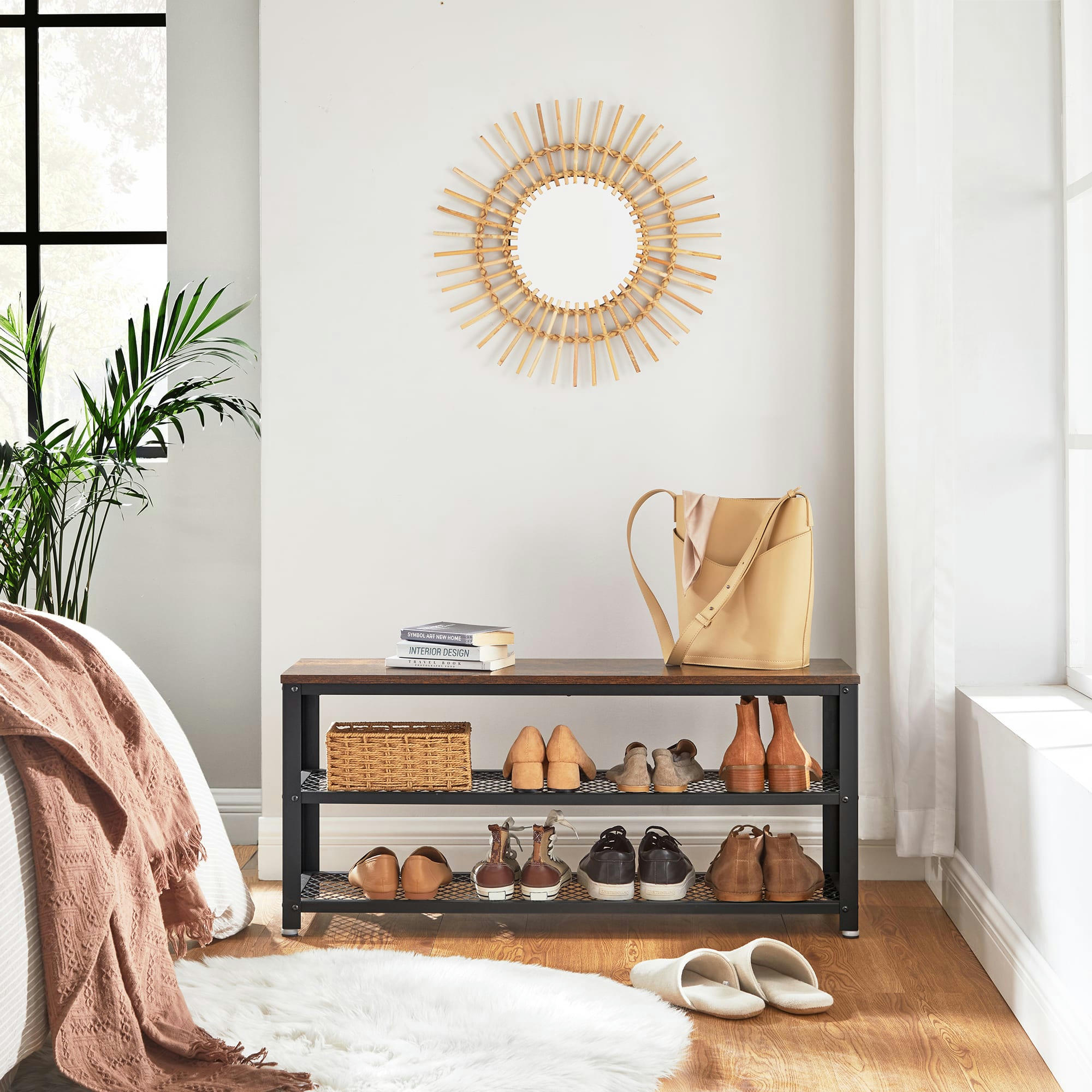 - Banc à chaussures en acier effet bois marron rustique