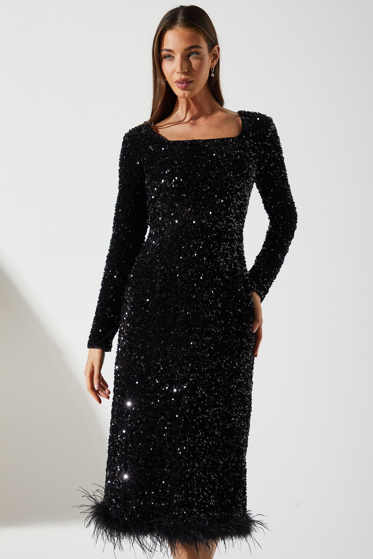 Coast Sequin Party Long Sleeve Midi Dress With Feather Hem
