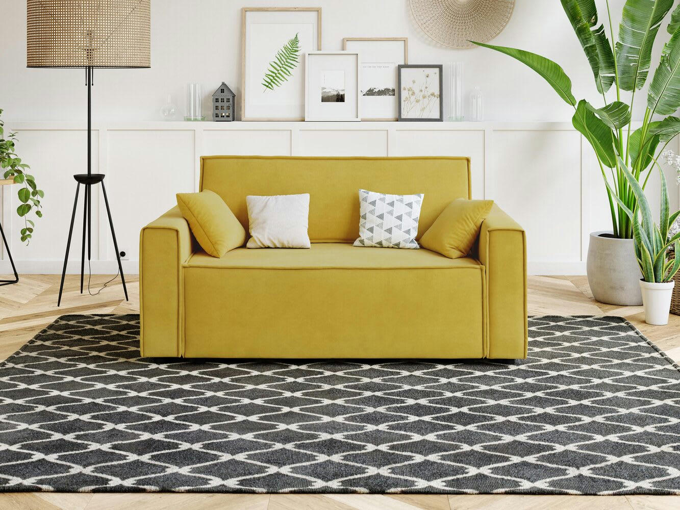 MIRA - Canapé droit en tissu 2 places moutarde