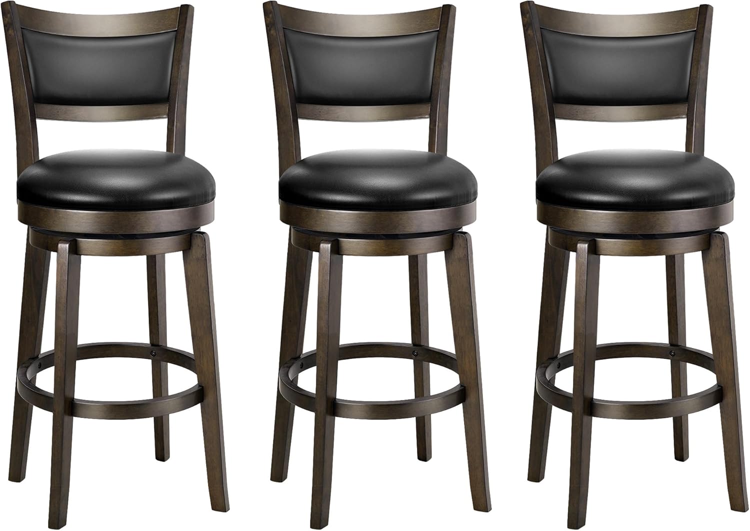 PrimeZone Swivel Bar Stools Set of 3, 26 Inch Counter Height Barstools, Black Faux Leather Bar Stool with High Backrest & Solid Wood Legs & Wrap-around Footrest, Counter Stools for Kitchen Island, Pub