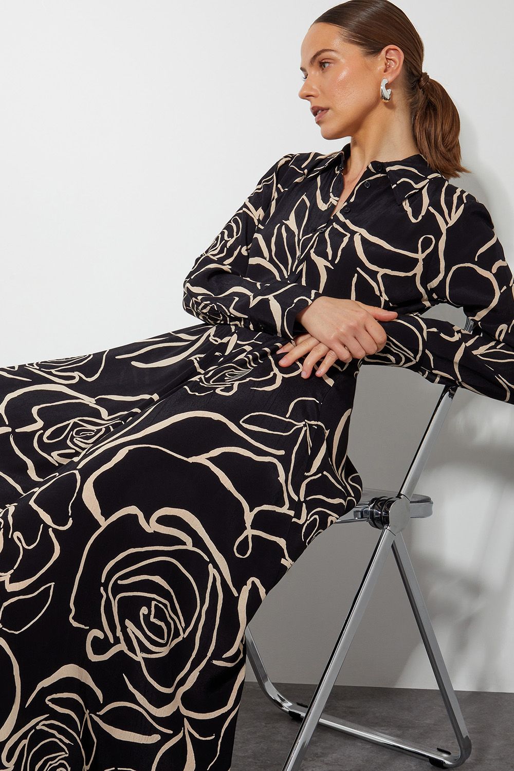 Monsoon Mary Monochrome Floral Midi Shirt Dress Black