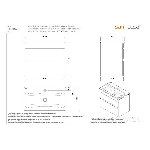 Meuble salle de bains suspendu 60x36 SANINDUSA Look slow close blanc (vasque Look en option non inclus)