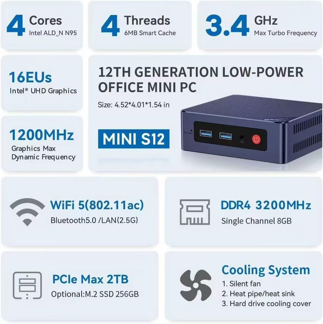 Beelink Mini PC  Intel 12th N95(Up to 3.4GHz) 8GB DDR4 256GB SSD  Mini Desktop Computer 4K Dual HDMI Display  2.5G LAN/WiFi5/USB3.2  WOL for Home Office