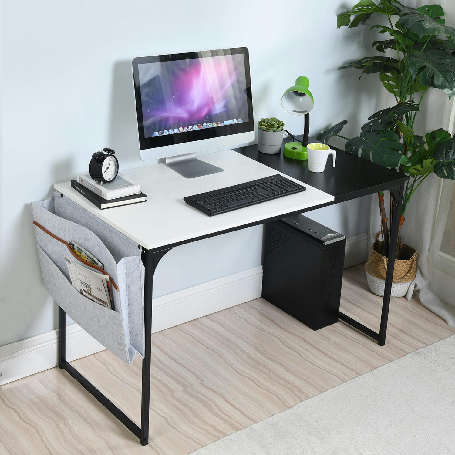 - Bureau effet bois avec sac de rangement en feutre en blanc 120*60