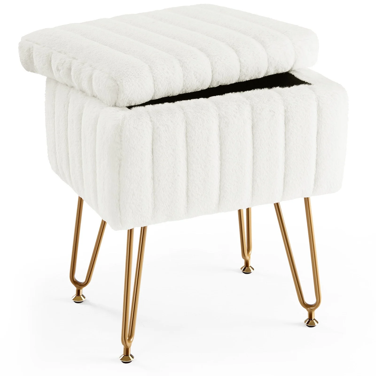 Vanity Stool Chair with Storage, Ottoman Faux Fur Soft Padded Makeup Footstools Seat with 4 Metal Legs Anti-Slip Adjustable Feet