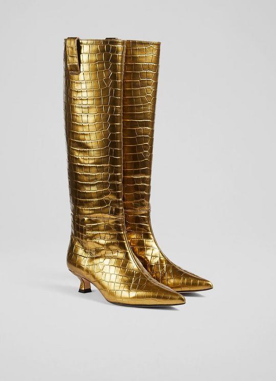 Eden Gold Croc Effect Leather Western Style Knee-High Boots