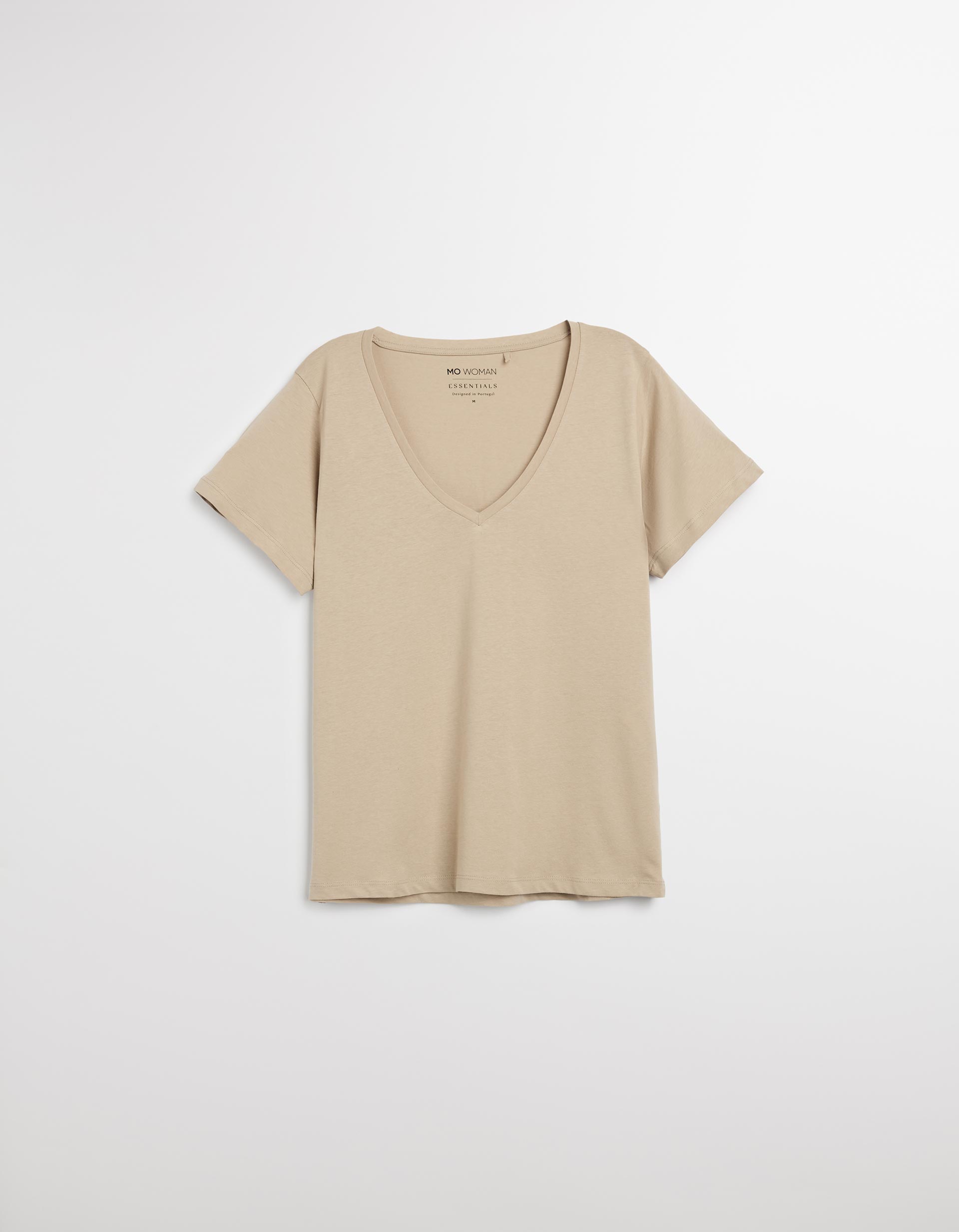 T-shirt Decote em V, Mulher, Bege