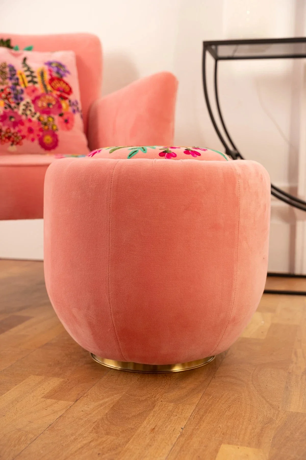 Velvet Pink Floral Embroidered Footstool