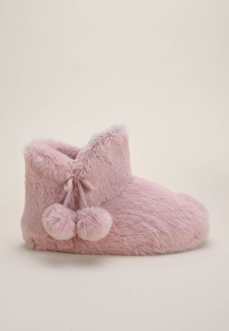 Womens Pink Faux Fur Pom Pom Slipper Boots