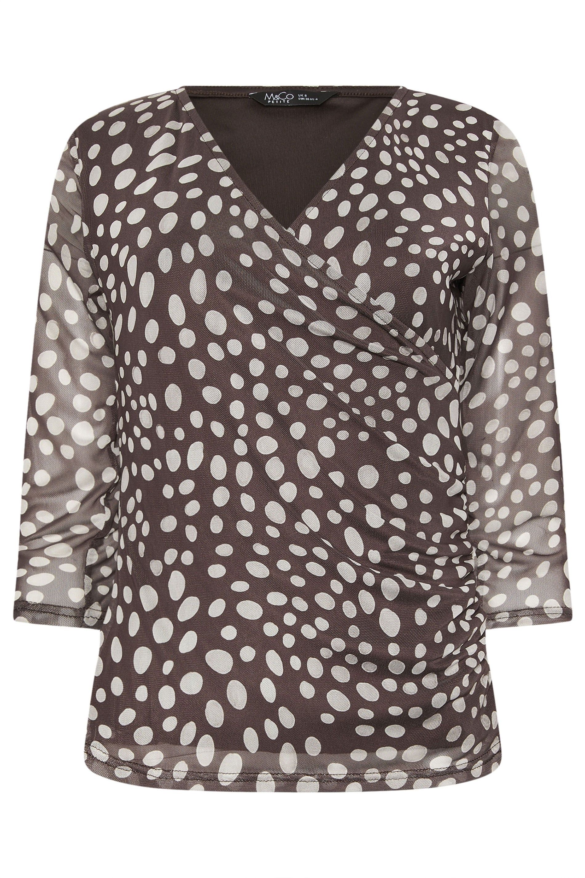 M&Co Petite Polka Dot Mesh Sleeve Wrap Top