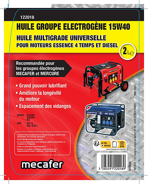Huile spécial groupes électrogènes Mecafer 15W40 2L