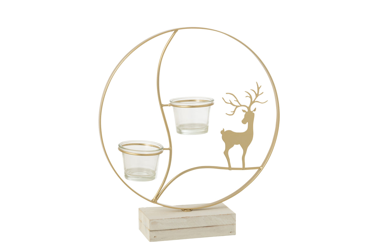 J-Line theelichthouder Rendier - hout - goud/wit