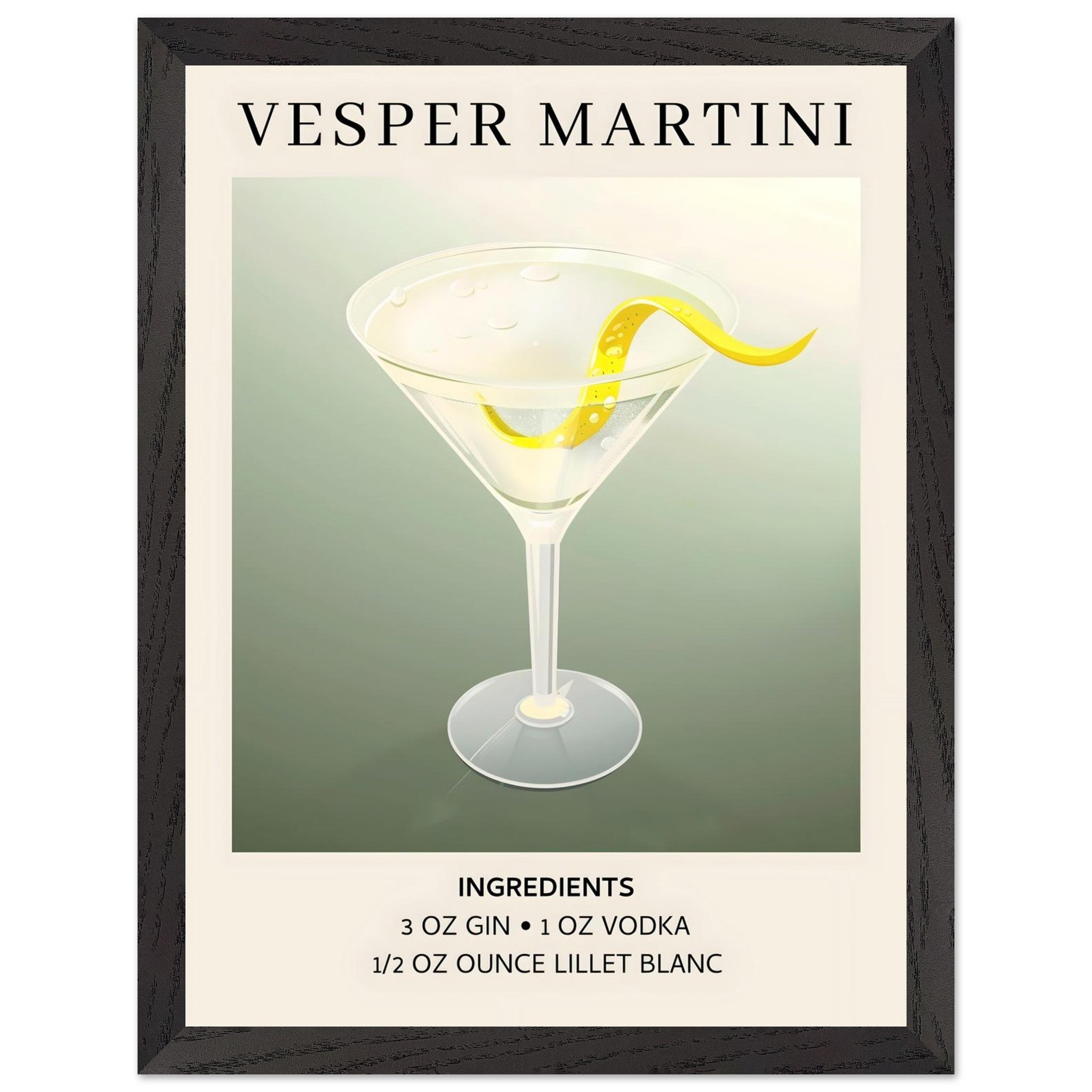 Artfulprints Poster met Lijst Vesper Martini cocktail - Ingrediënten  - 30x40 cm - Grijs