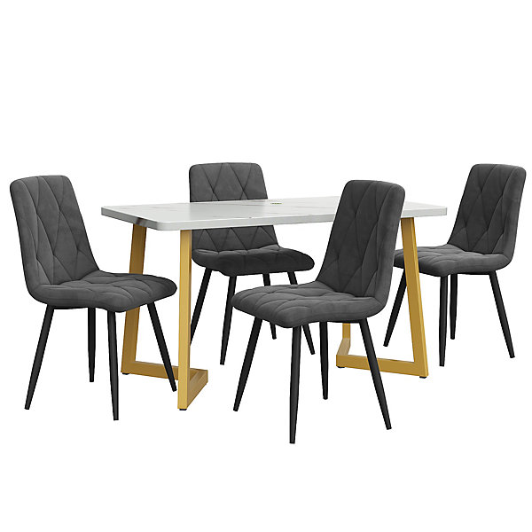 Ensemble Table et Chaises, Rectangulaire et Chaises Velours, Pieds Métal Doré, MDF, 117x68x75 cm, Blanc &Gris Foncé
