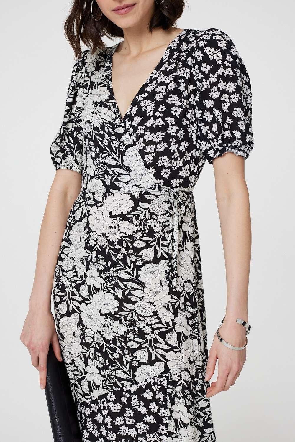 Izabel London Floral 1/2 Sleeve Midi Wrap Dress
