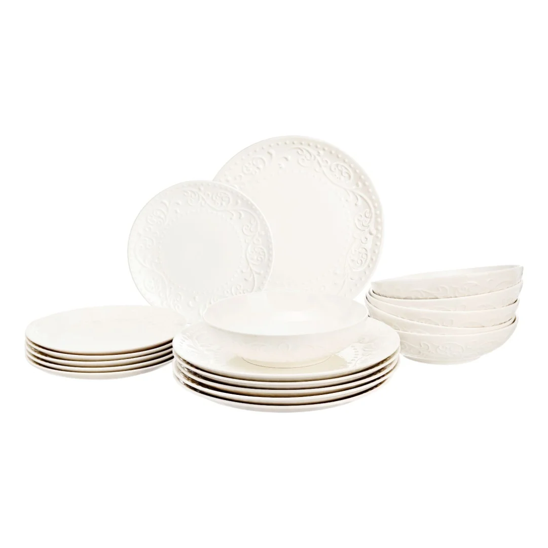 Relief Floral Dinnerware Set for 6 People, Cream, 18-Piece